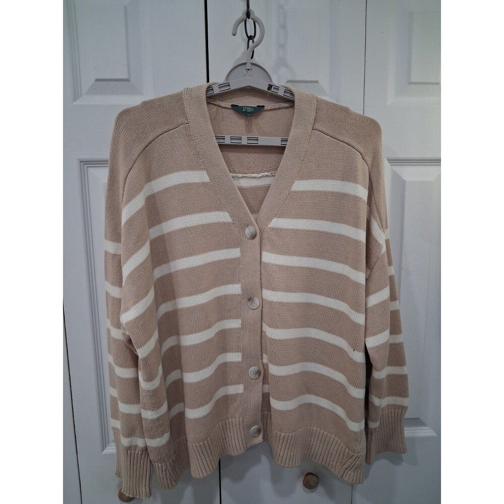 NEW Women's Khaki/Ivory Wide Stripe Terra & Sky Boyfriend Cardigan Coastal 2XL